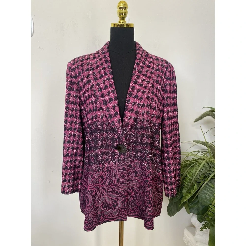 NWT Misook‎ Pink Black Houndstooth Floral Knit Blazer Jacket Cardigan XL, $398